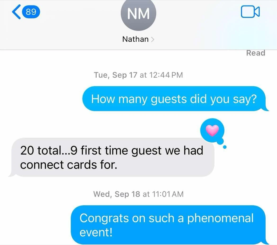 Client result, 9 first-time guests, card in hand